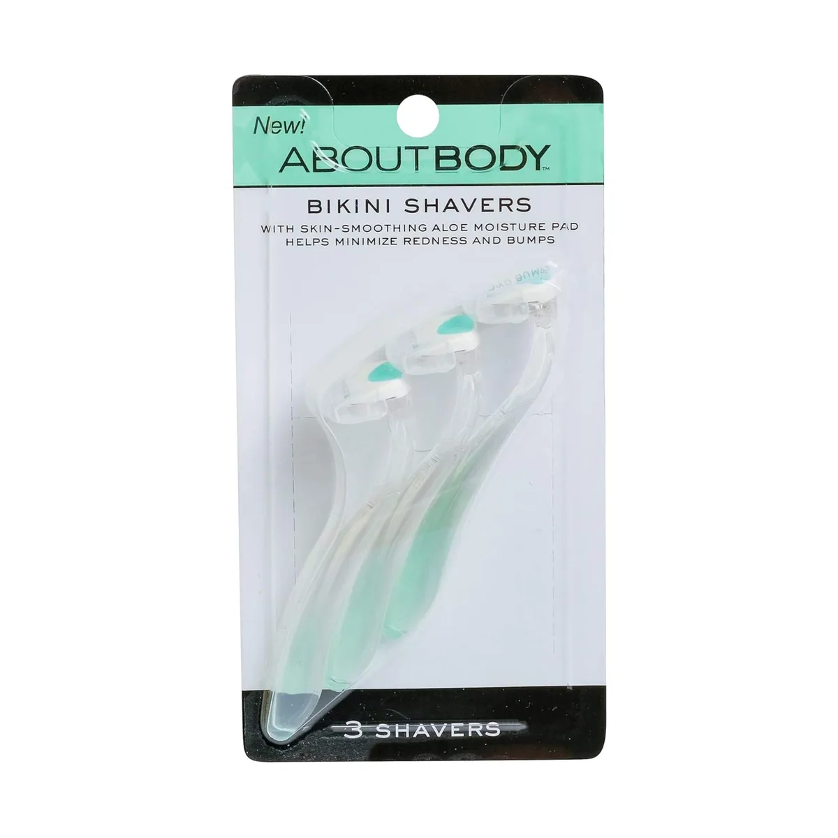 Three teal disposable bikini shavers with aloe moisture pads and protective guards