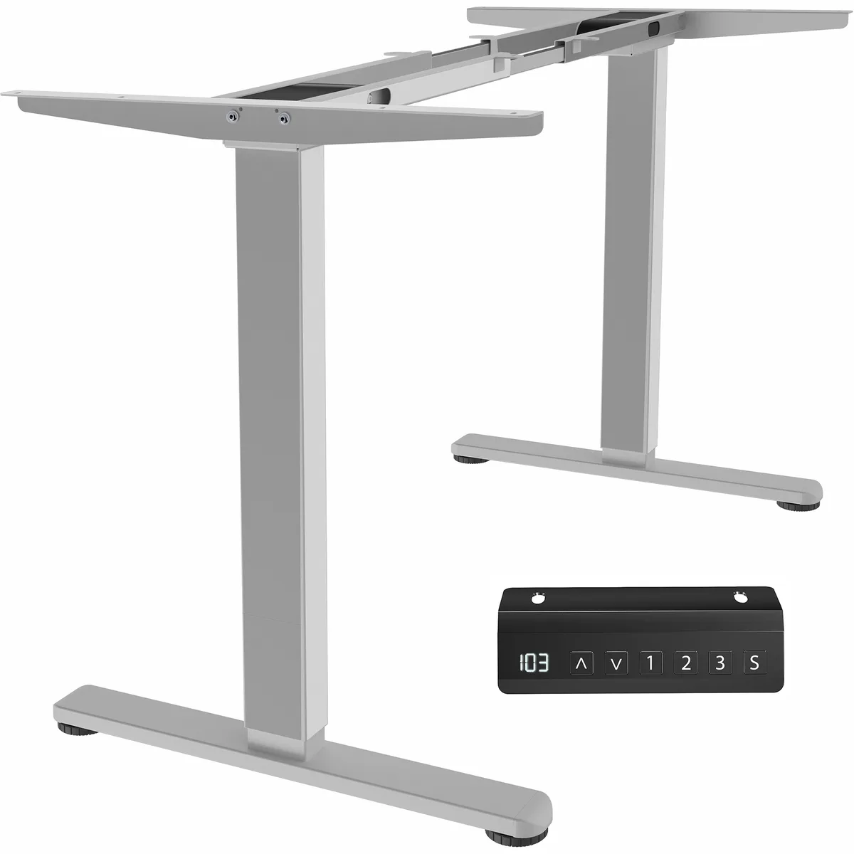 Gray steel standing desk frame with dual telescopic legs and push-button controller