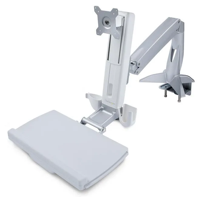 Black sit-stand monitor arm with keyboard tray and slide-out mouse platform, desk mounted