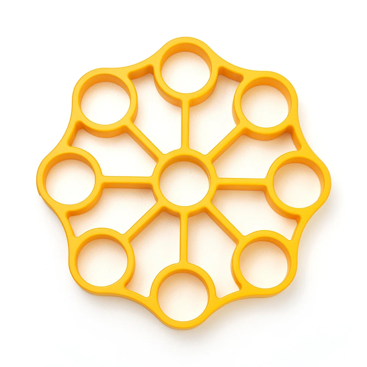 Yellow silicone egg rack with circular indents, 6.5 inches square