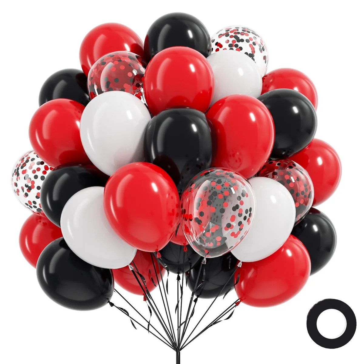 Pack of 60 twelve-inch latex balloons in red, black, white and confetti with ribbon and glue dots