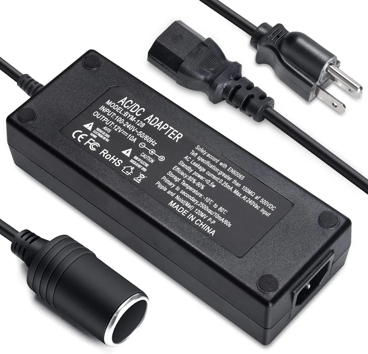 Rectangular black power adapter with US three-pin plug and car lighter socket, 8.3ft cable