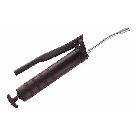 Silver steel lever grease gun with rigid pipe extension and black grip, 19 inch overall length
