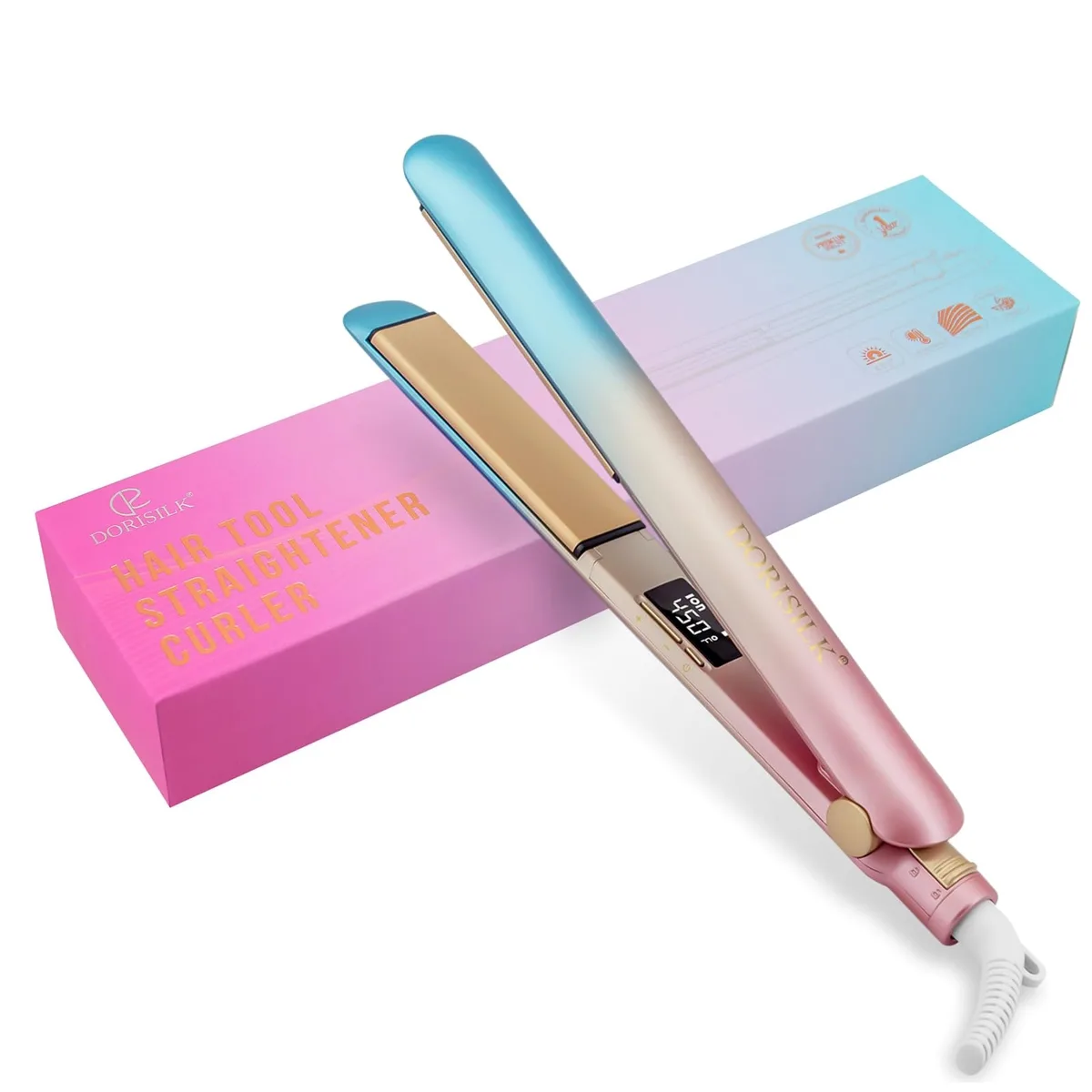 Colorful ceramic flat iron with 1 inch floating plates, iridescent blue-gold-pink finish