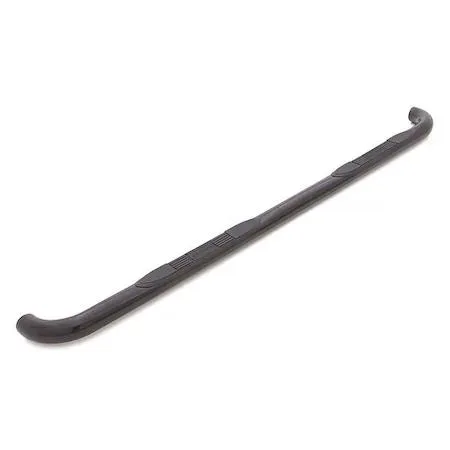 Pair of black powder-coated steel nerf bars, round profile, plastic step pads, mounting brackets visible