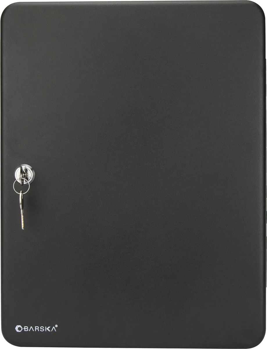 Black steel key lock box with 48 numbered hooks and key tags, 11 by 3 by 14.5 inches