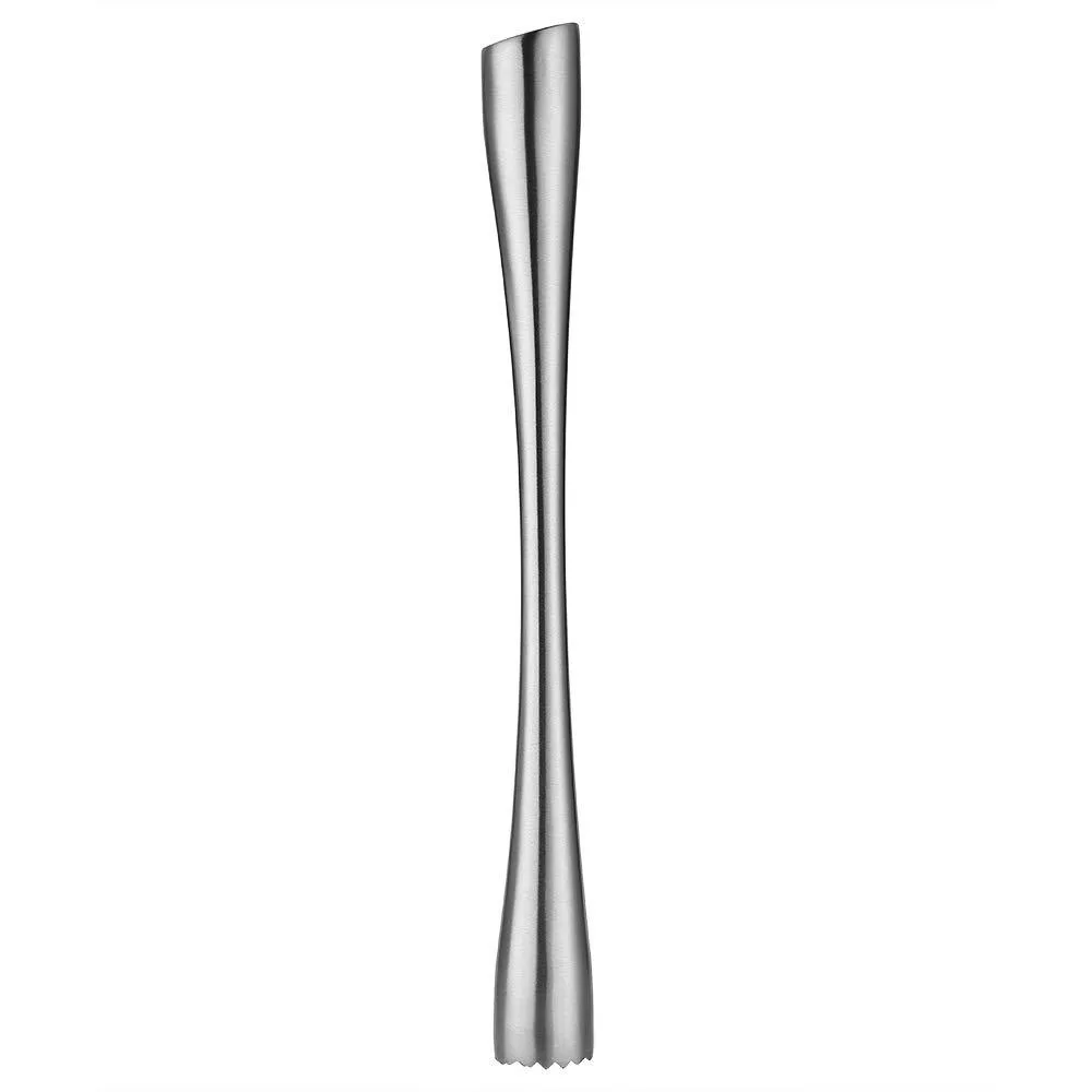 Stainless steel cocktail muddler, 10 inch length, black finish, wide textured base
