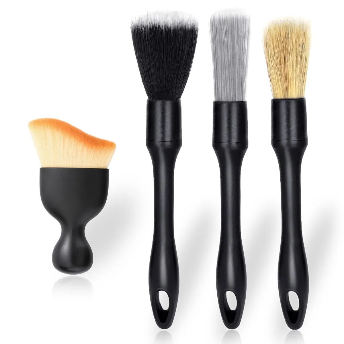 Four black car detailing brushes with different bristle types and long handles