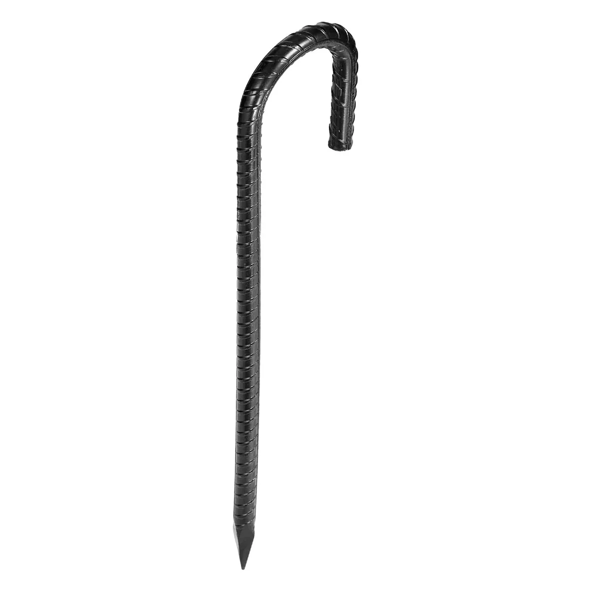 Sixteen black galvanised steel J-hook stakes, twelve inches long, point-up on a plain background