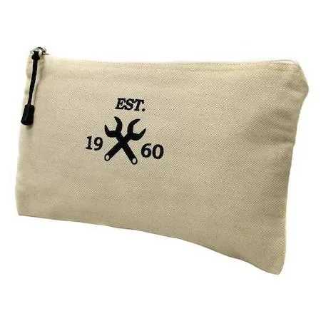 White canvas tool bag, rectangular, zipper closure, flat profile