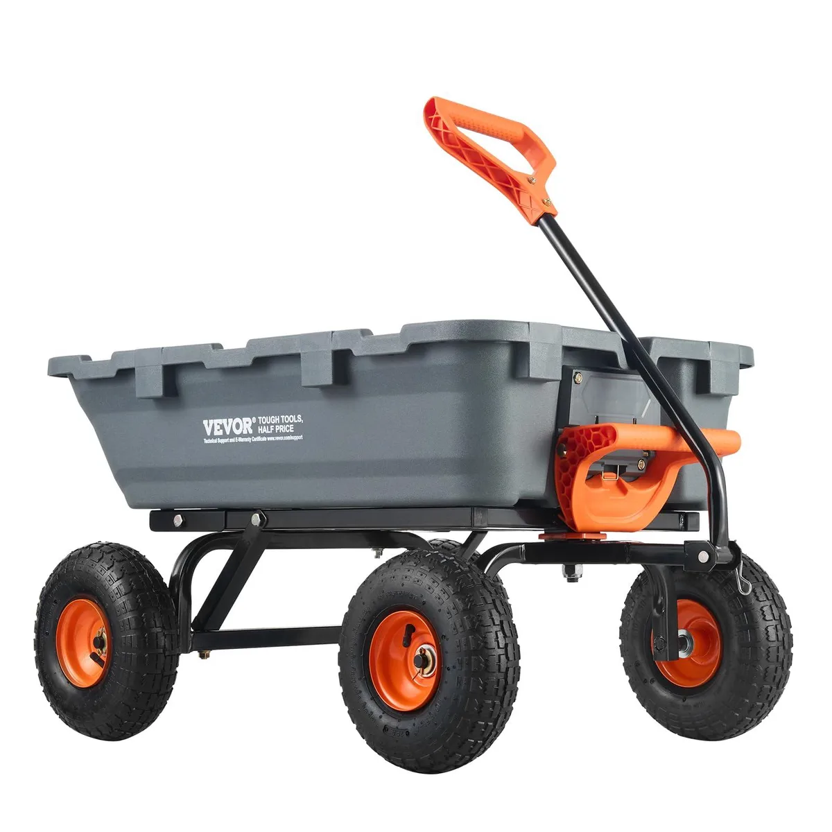 Gray four-wheeled poly dump cart with 10in tires and 180° rotating handle