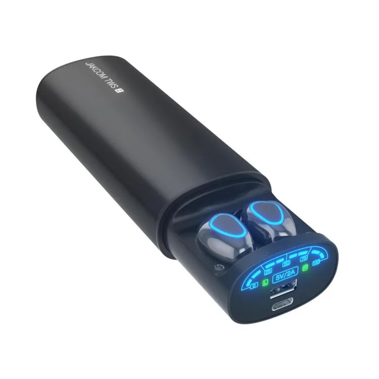 Black true wireless earbuds with rectangular charging case power bank 12.6x8.6x3.6cm
