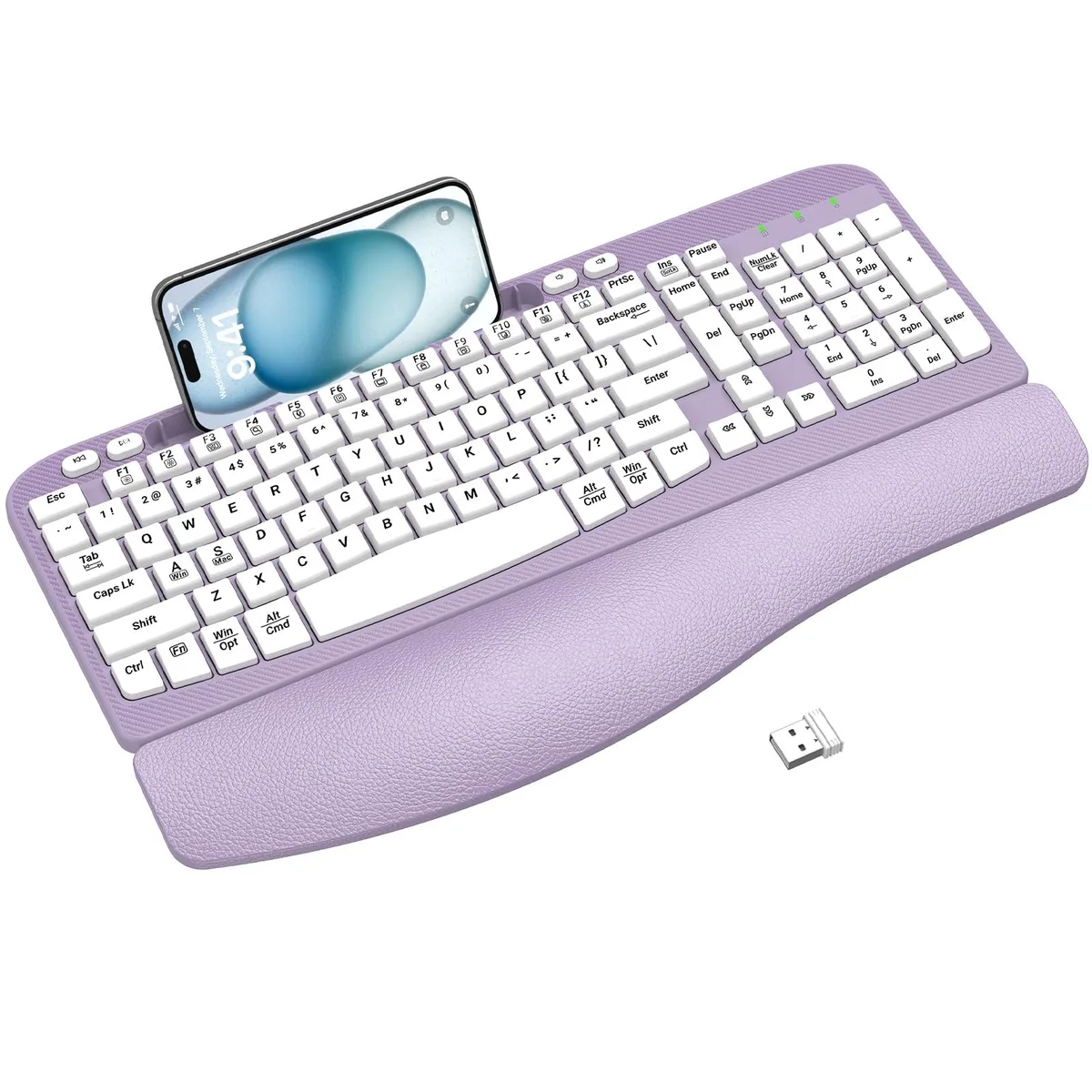  EAYBLLY 2.4G Wireless Ergonomic Keyboard Purple 7.28in Holder — product photo