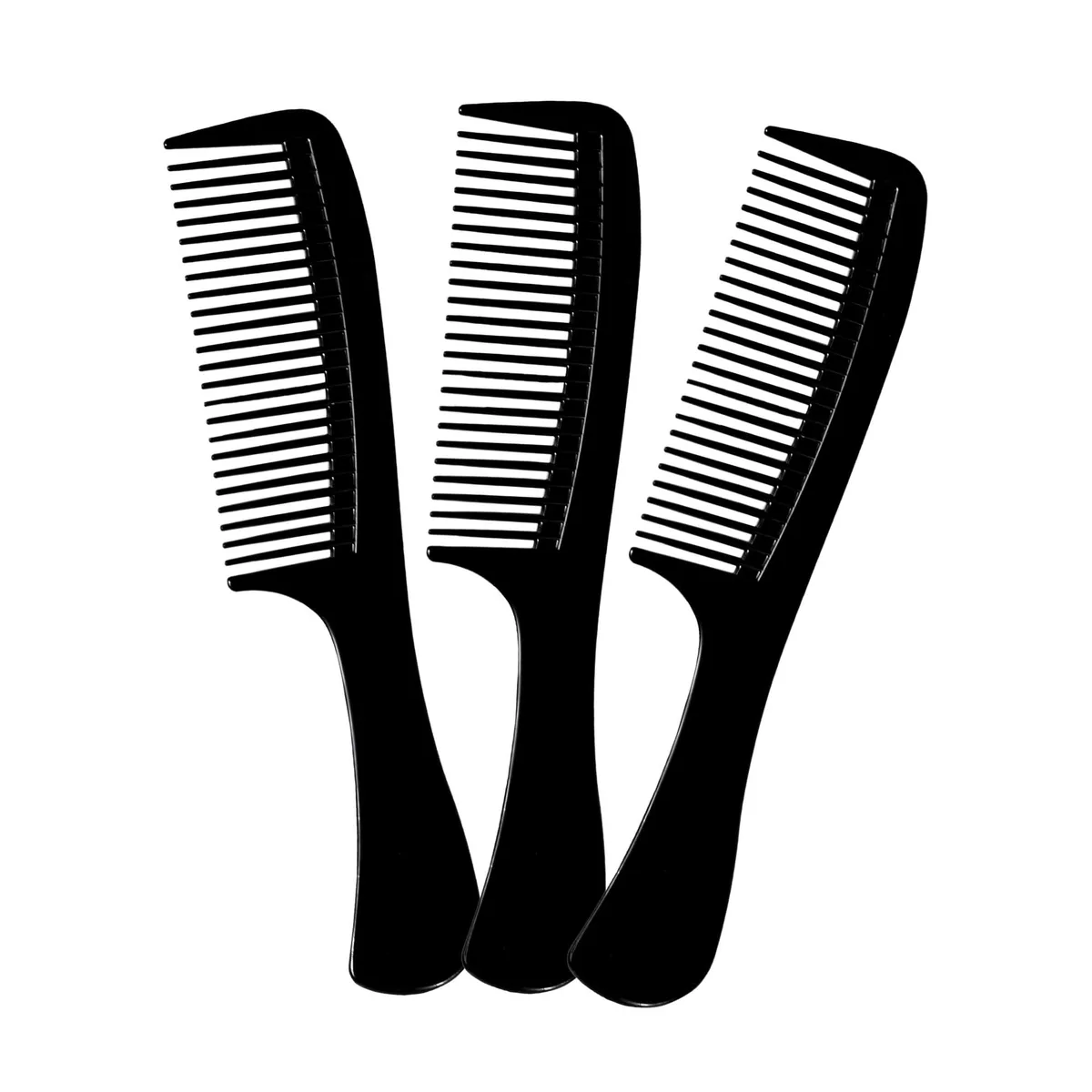 Three black plastic wide-tooth combs with rounded handles, 8.5 inches long, 25 tines each