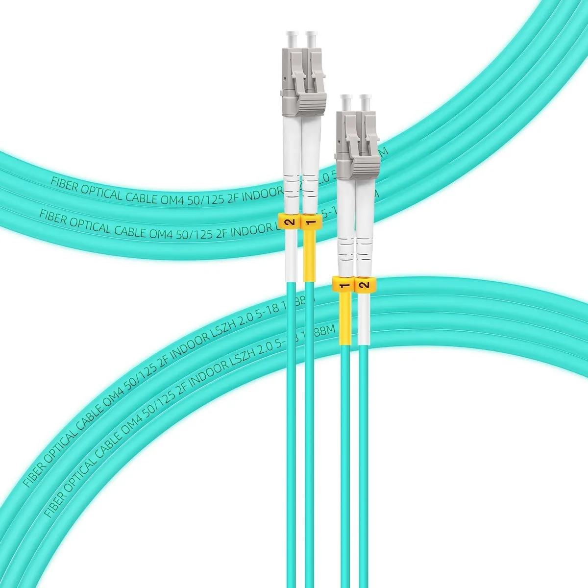 Yellow duplex fibre patch cable with LC connectors on both ends, 30 metre length