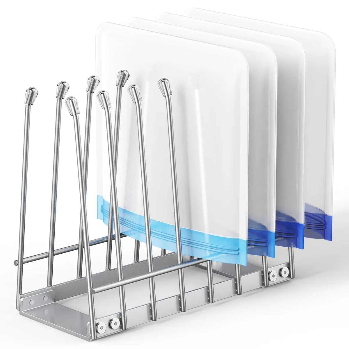 Silver foldable metal rack with eight tall rungs and side layers, silicone tips, flat-folding design