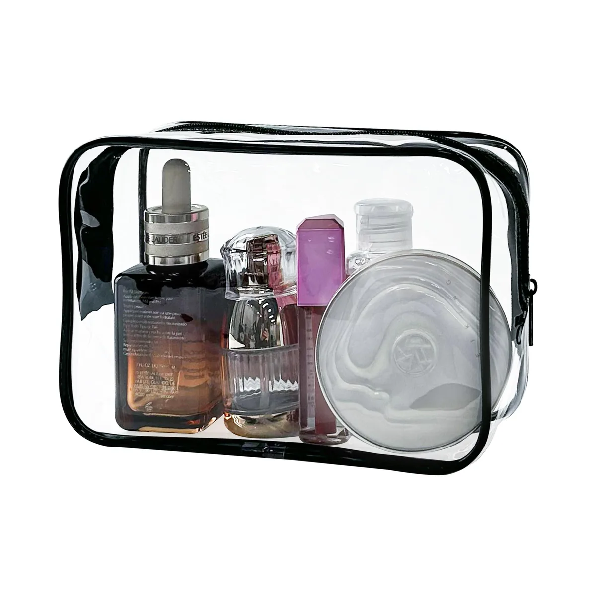 Clear PVC toiletry pouch, rectangular, bone-coloured trim, zip closure