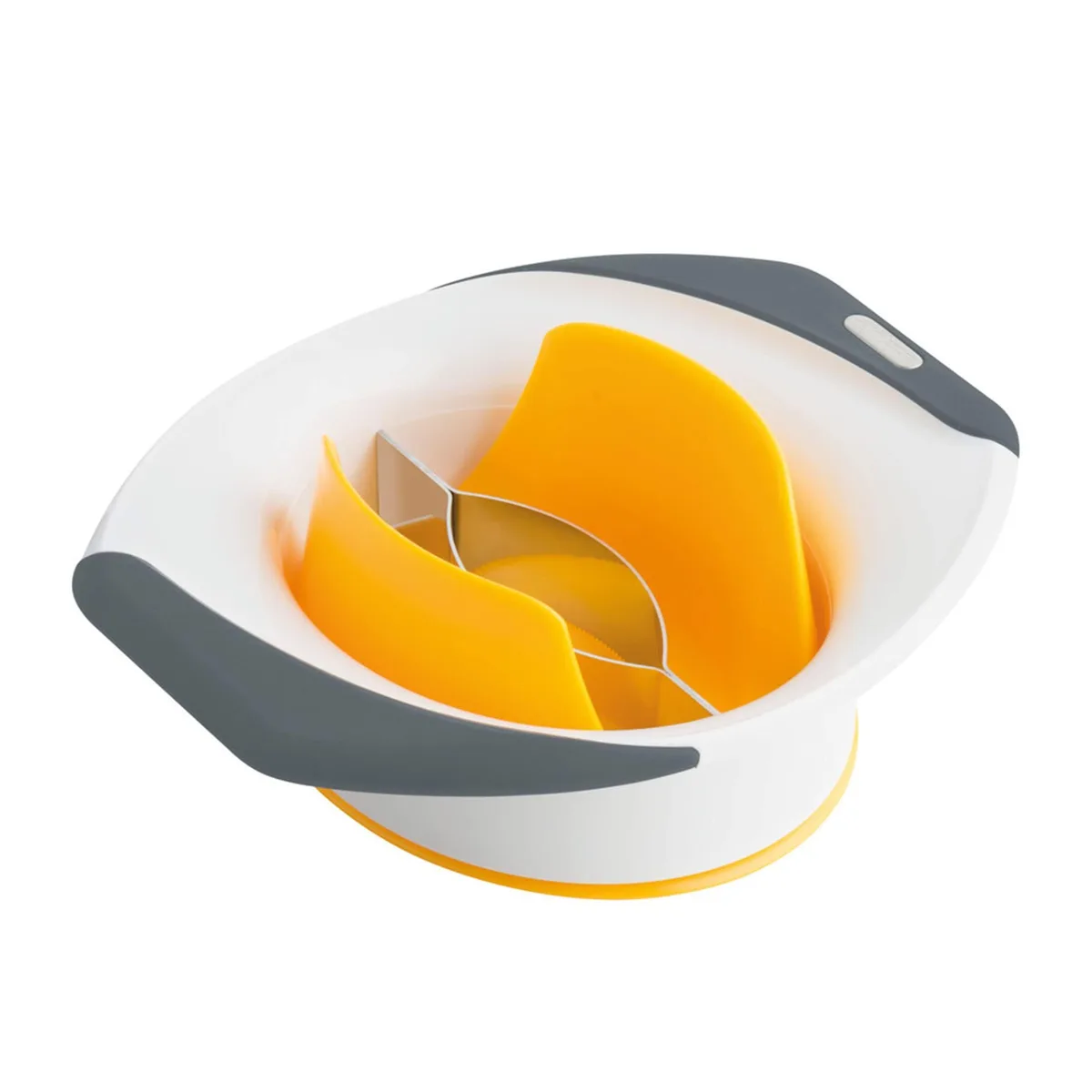 White and grey nylon mango slicer with stainless steel blades, 10.1 inches long