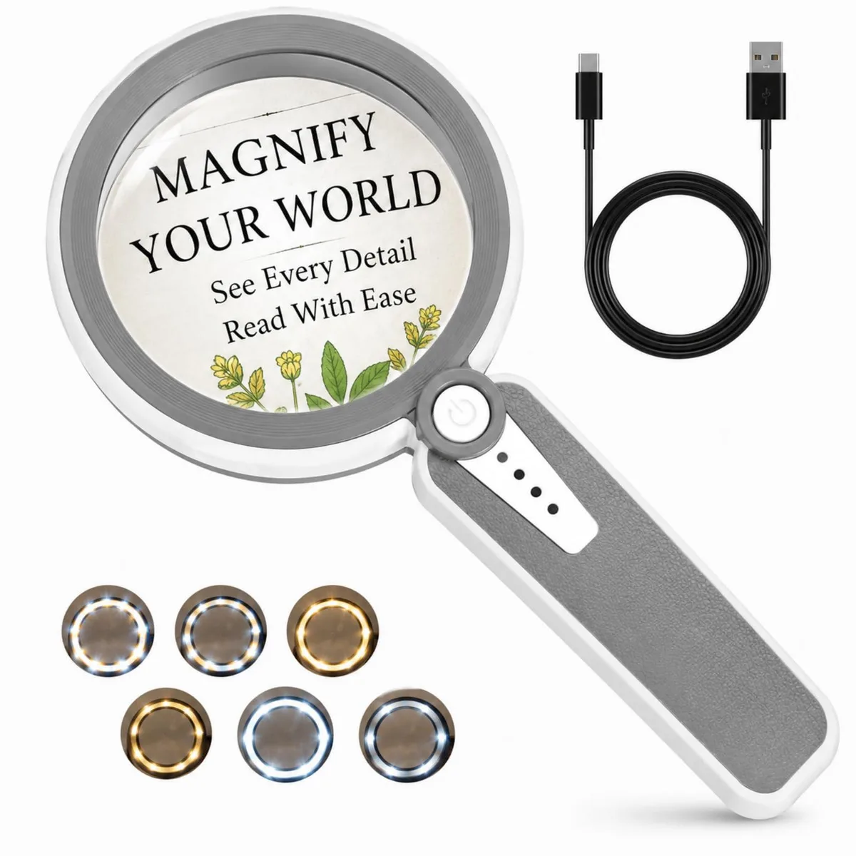 Gray ABS handheld magnifier with 4.6in acrylic lens and LED ring