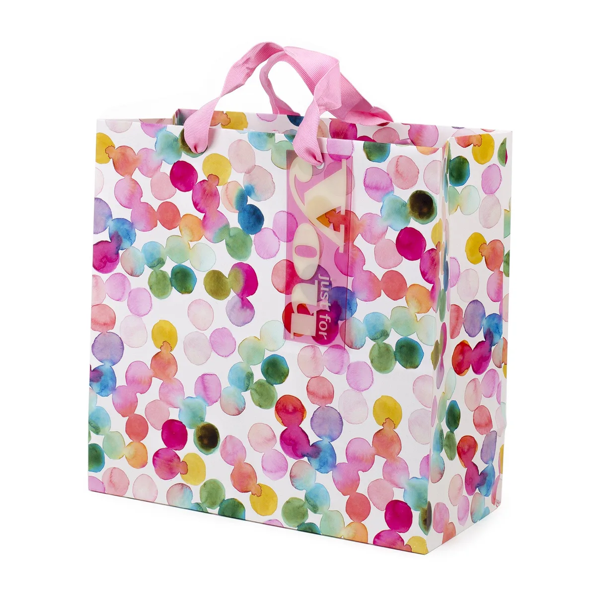 Large square gift bag, watercolor dots, pink ribbon handles, matching tag