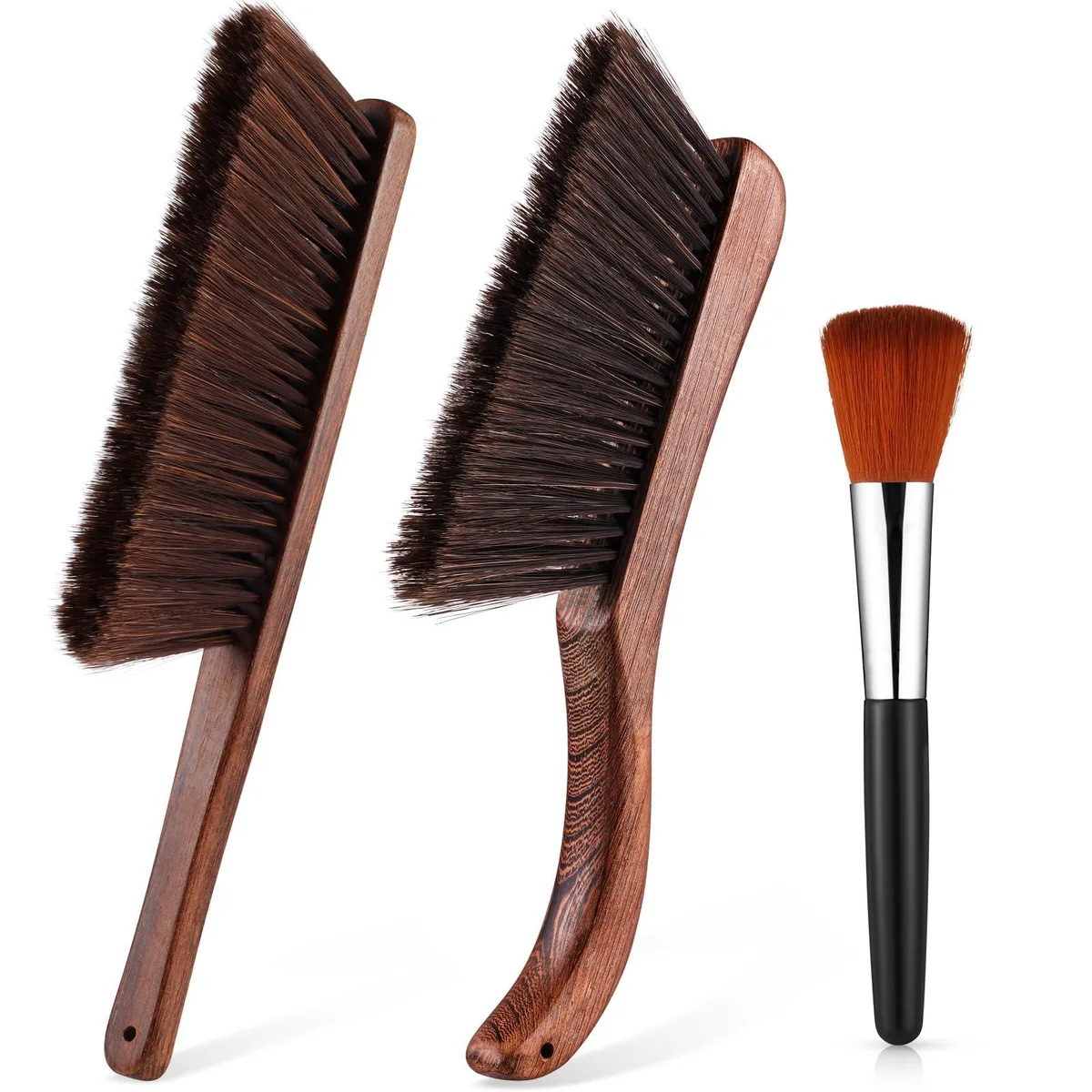 Three wooden-handled brushes with soft bristles, large, curved and detail sizes