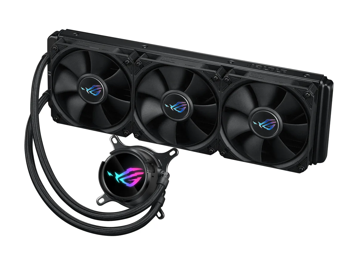 Black all-in-one liquid cooler with 360 mm radiator, three 120 mm fans, rotatable CPU block and sleeved tubing