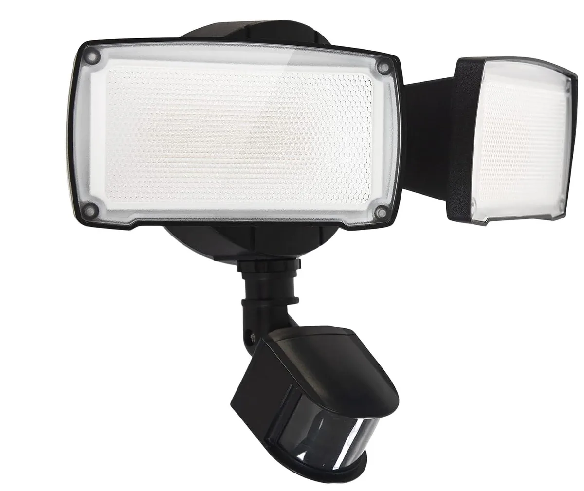 Black rectangular LED flood light with two adjustable heads and a central motion sensor, matte finish