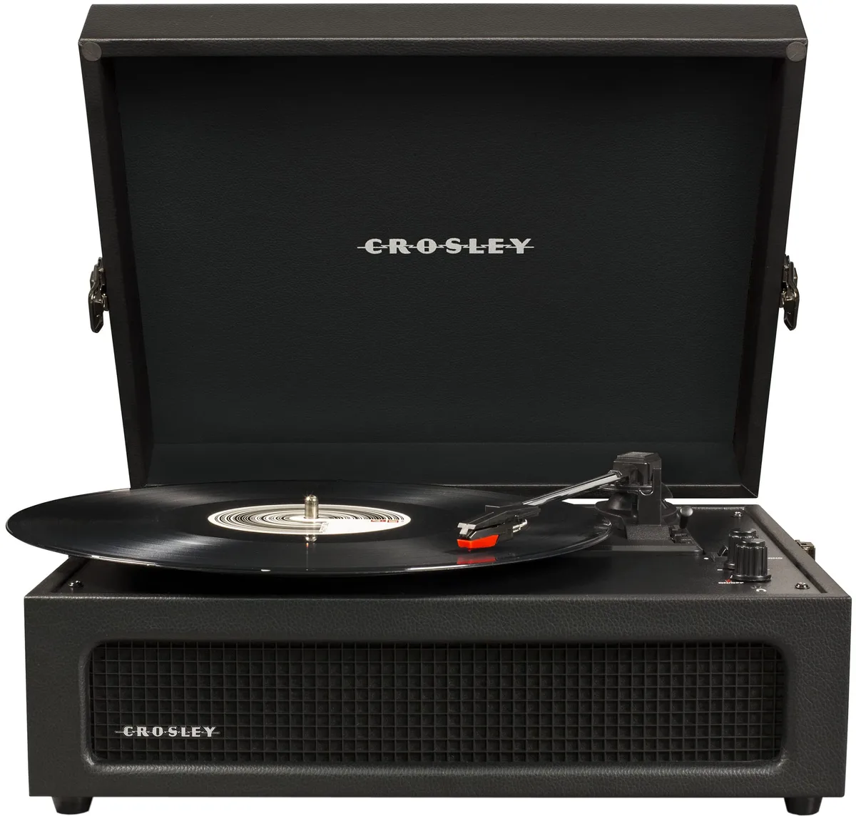 Black portable suitcase turntable with carry handle
