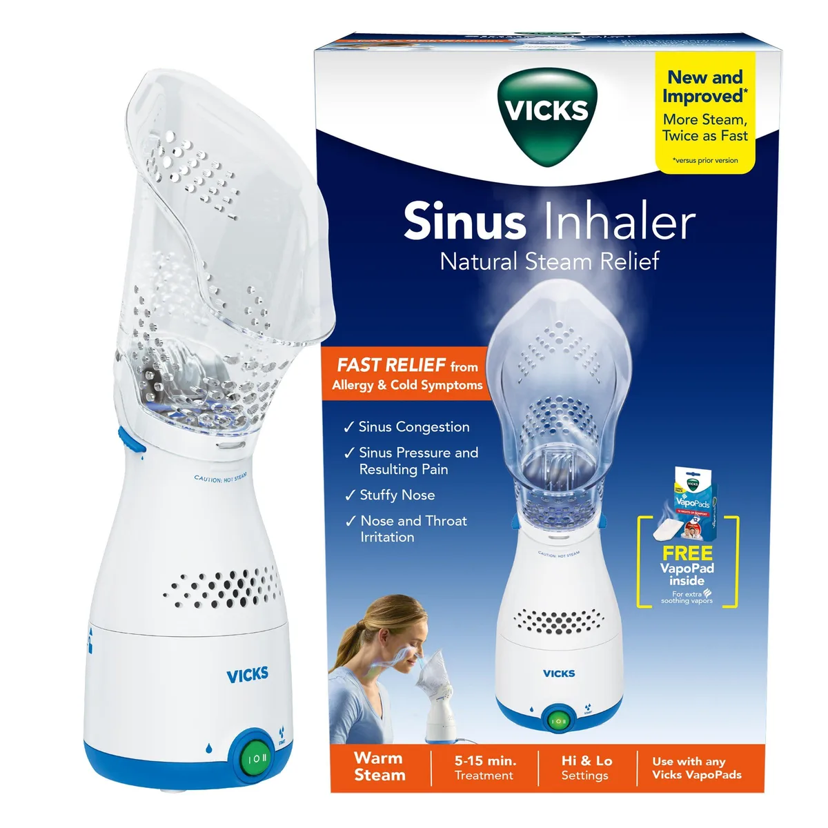 White plastic steam inhaler with soft face mask and water tank, one VapoPad included