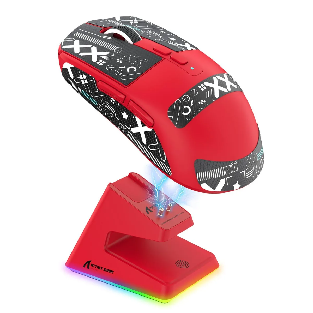 Black ultra-light wireless gaming mouse with magnetic RGB charging dock, right-handed ergonomic shape, 49g weight