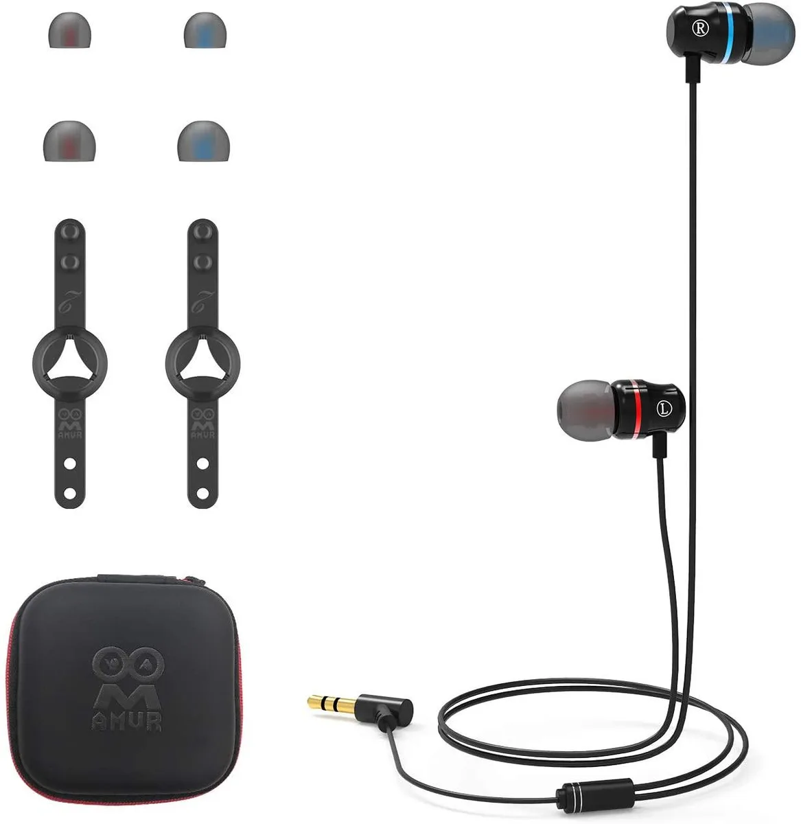 Black in-ear earbuds with red and blue L/R markers, short and long cables, silicone holders and three tip sizes
