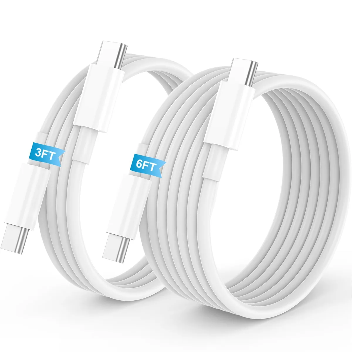 Two orange USB-C to USB-C cables, three-foot and six-foot lengths, male-to-male connectors