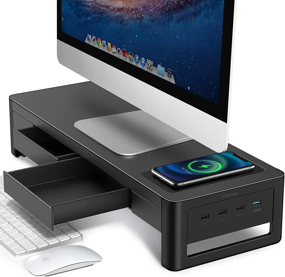 BFKK BFKK Monitor Stand Riser 21×7.9×4.3 in 2 Drawers Wireless 15W 4 USB — product photo