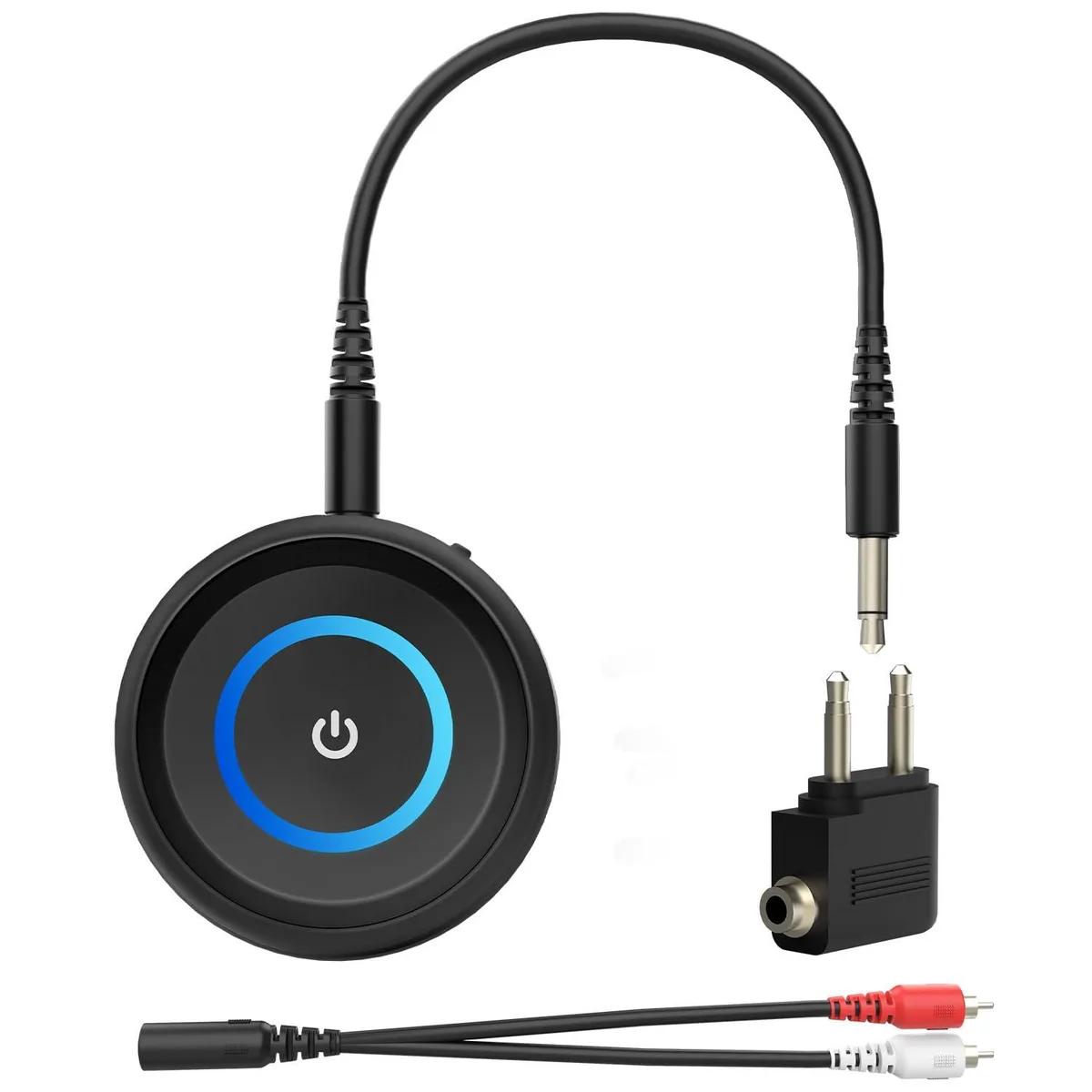 Small square black Bluetooth 5.3 adapter with 3.5mm and RCA ports