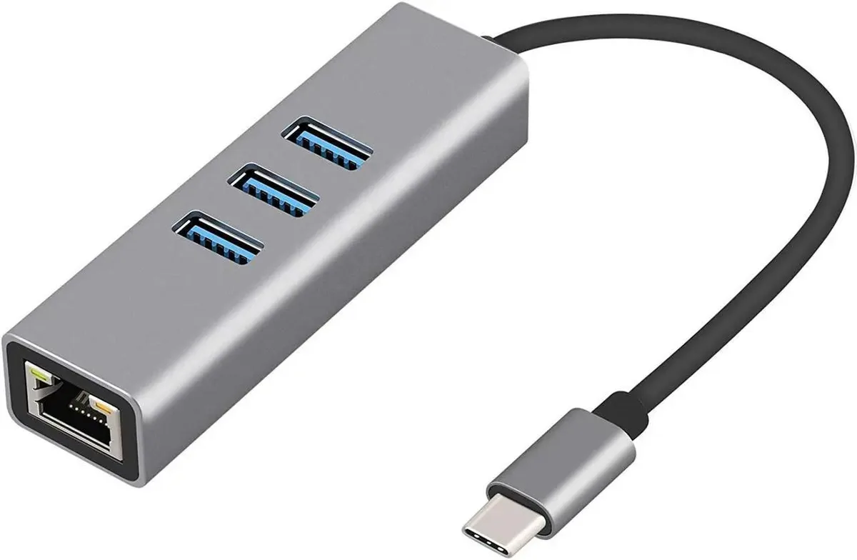 Compact aluminum USB-C hub with RJ45 and three USB 3.0 ports