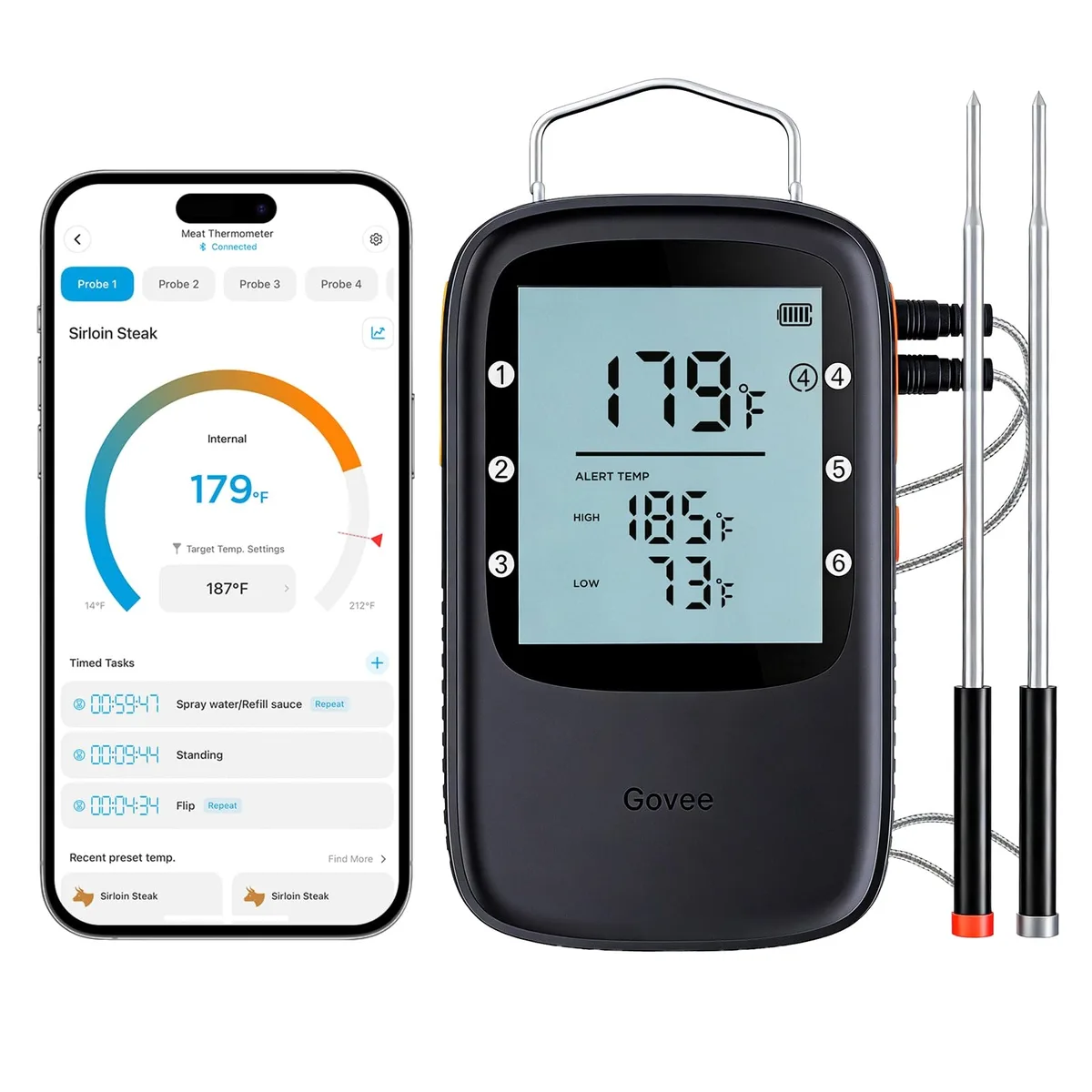 Black rectangular thermometer unit with backlit LCD display, magnet, stand, hook and two stainless steel probes