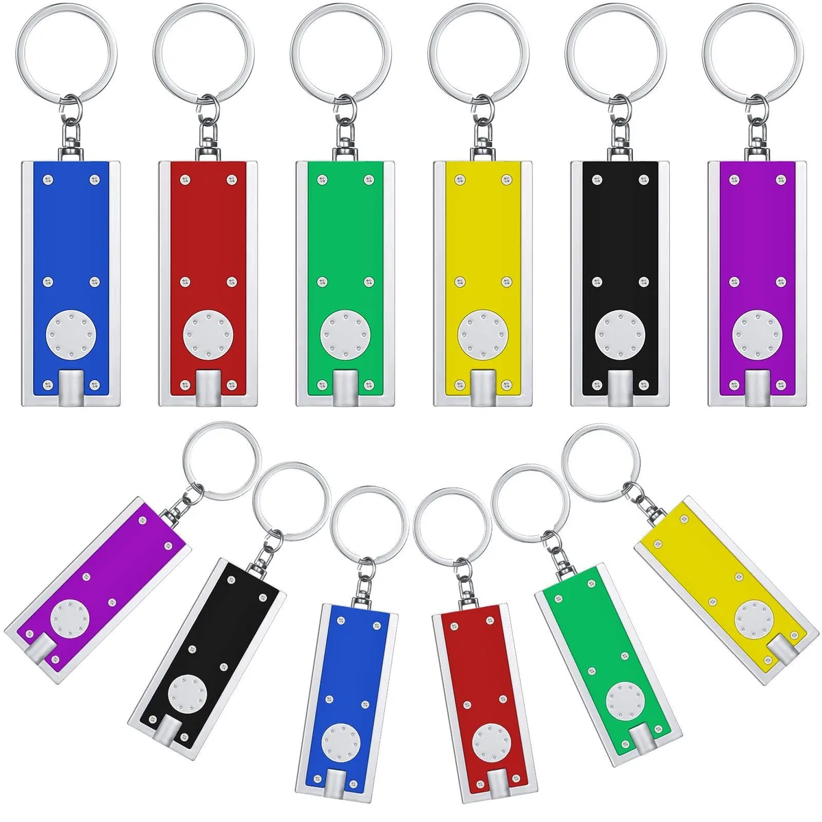 Twelve tiny plastic LED keychain lights in six bright colours, each on a metal ring
