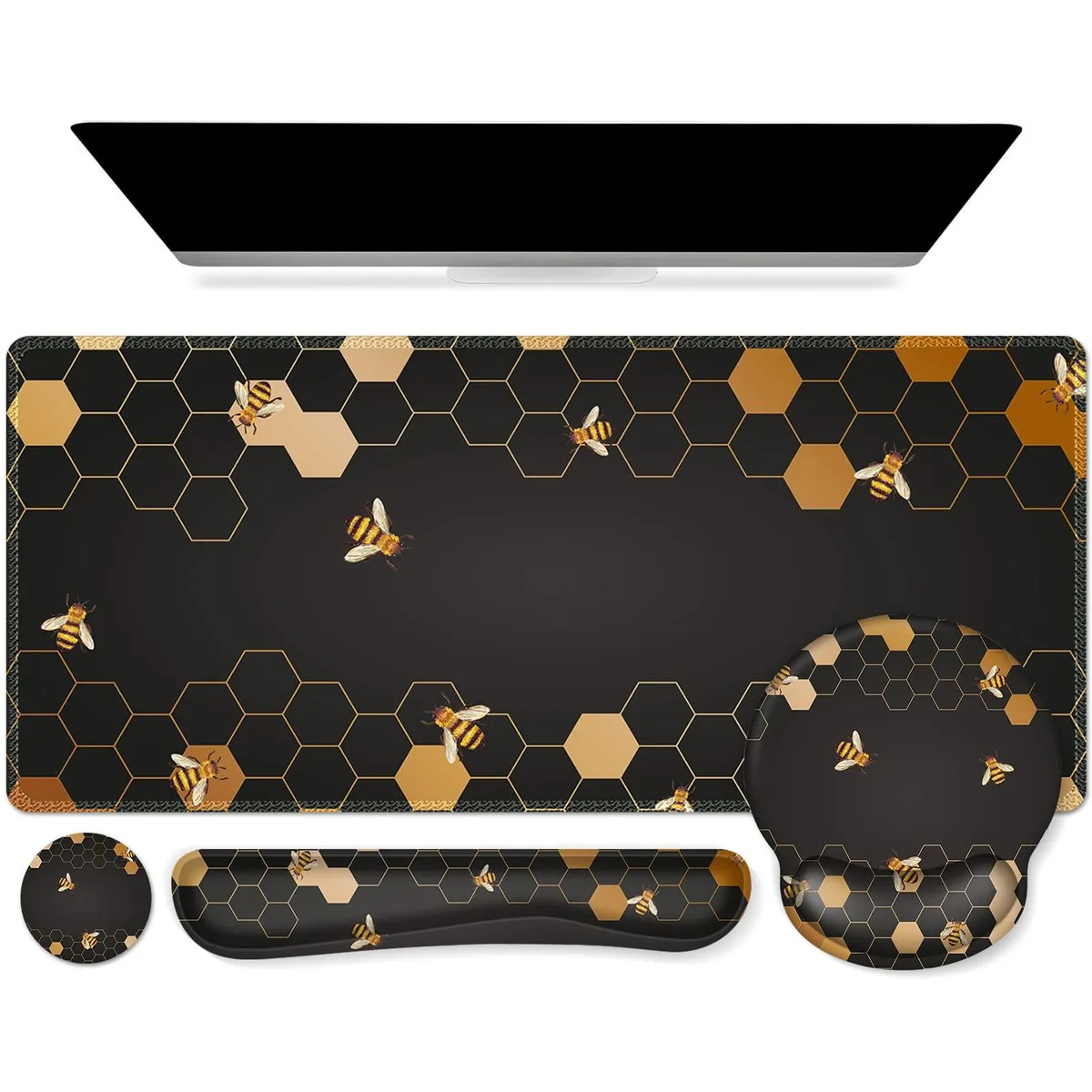 Honeycomb-patterned XXL desk mat with matching keyboard wrist rest, mouse wrist rest and coaster