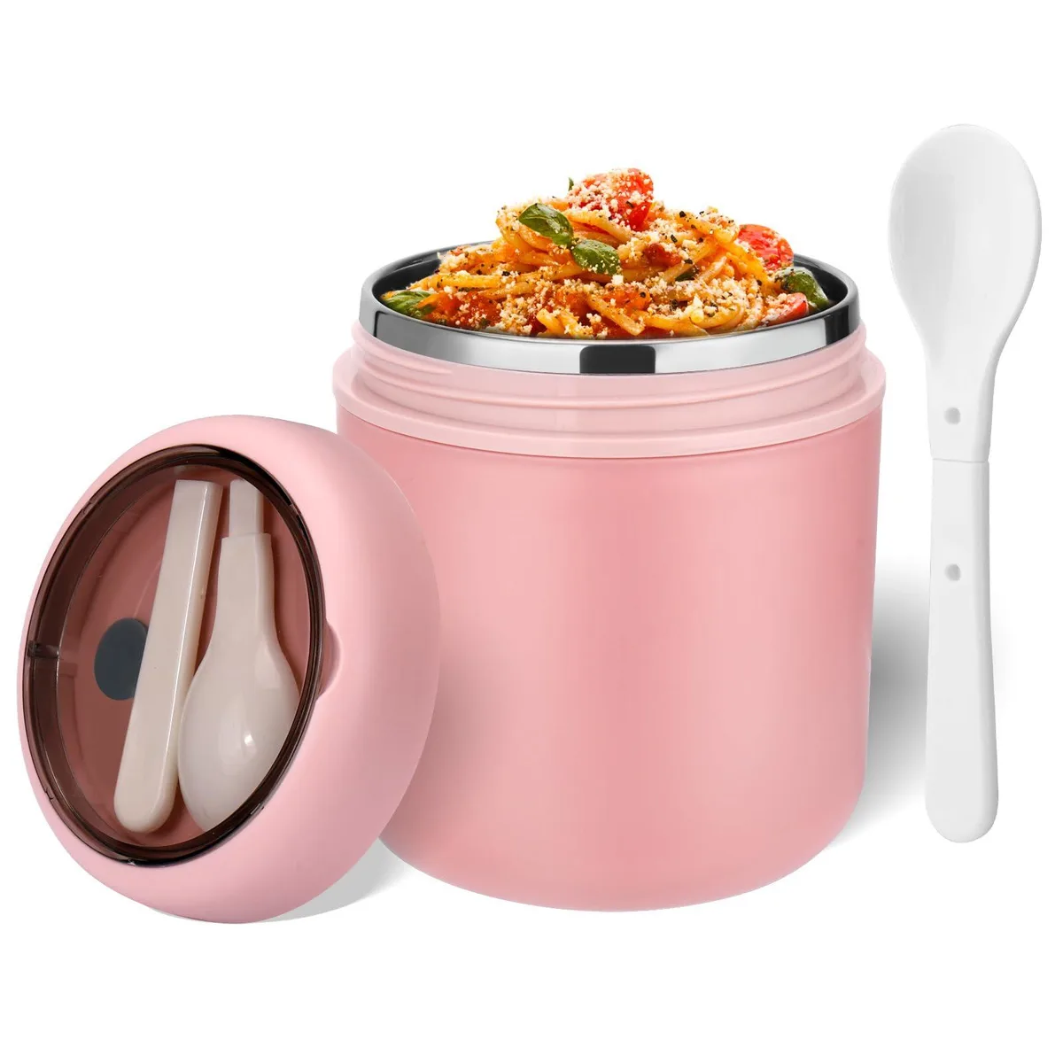 Red insulated food jar with wide mouth and foldable spoon