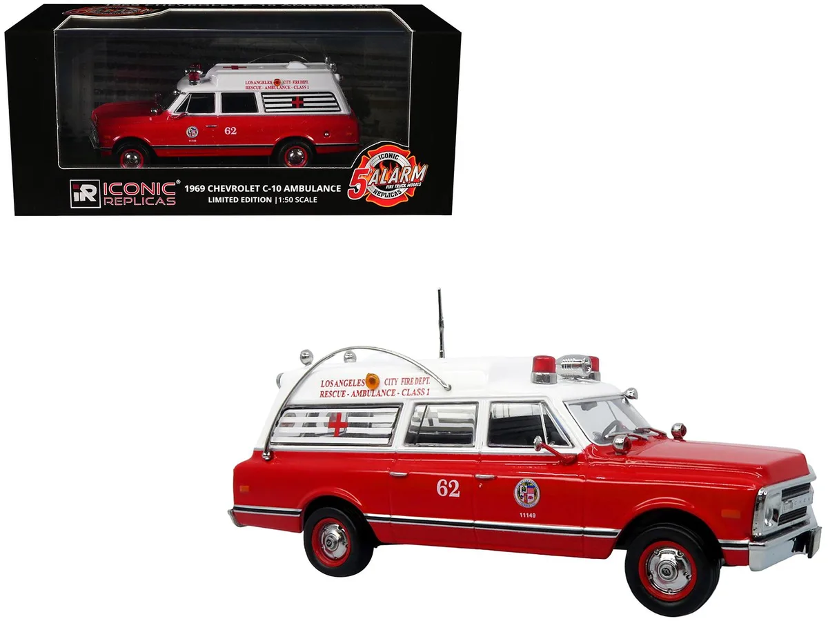 Iconic Replicas Iconic Replicas 1969 Chevrolet C-10 Ambulance LA City Fire Dept 5 Alarm 1/50 Hobby Collectible — product photo