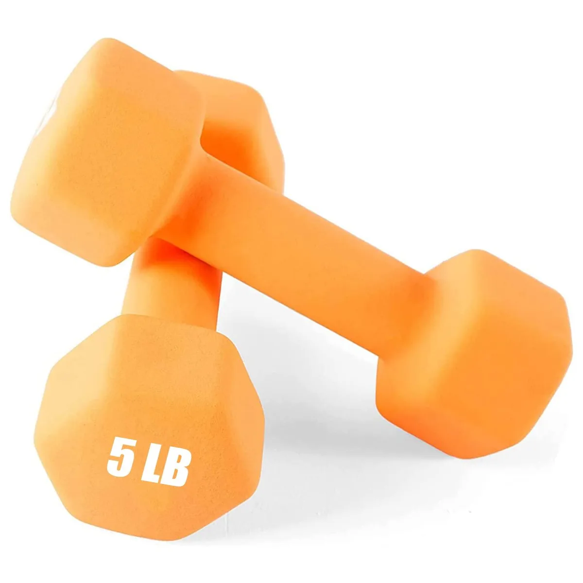 Pair of orange neoprene dumbbells with hexagonal heads and textured handles