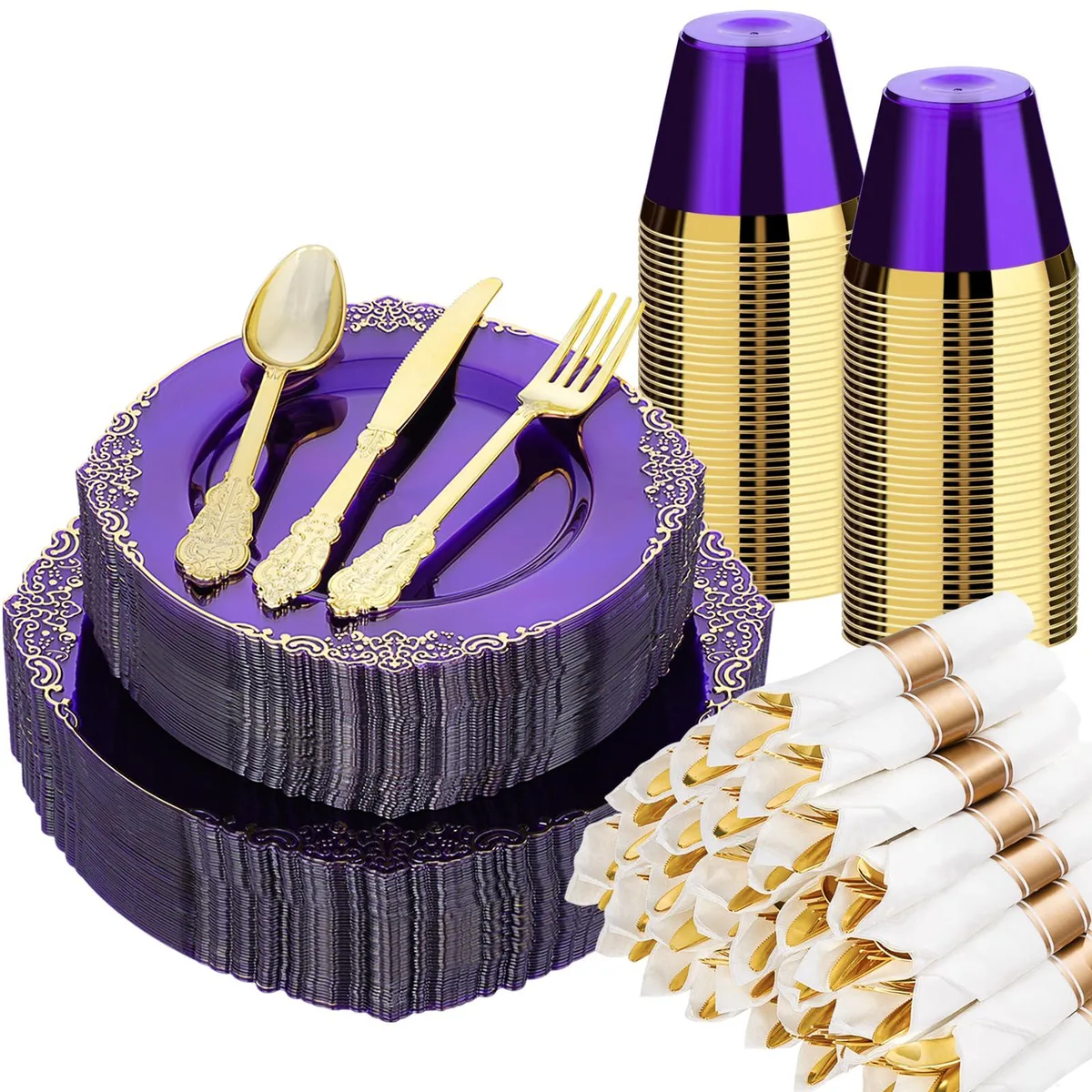 350 PCS Purple and Gold Disposable Dinnerware Set for 50 Guests — product photo