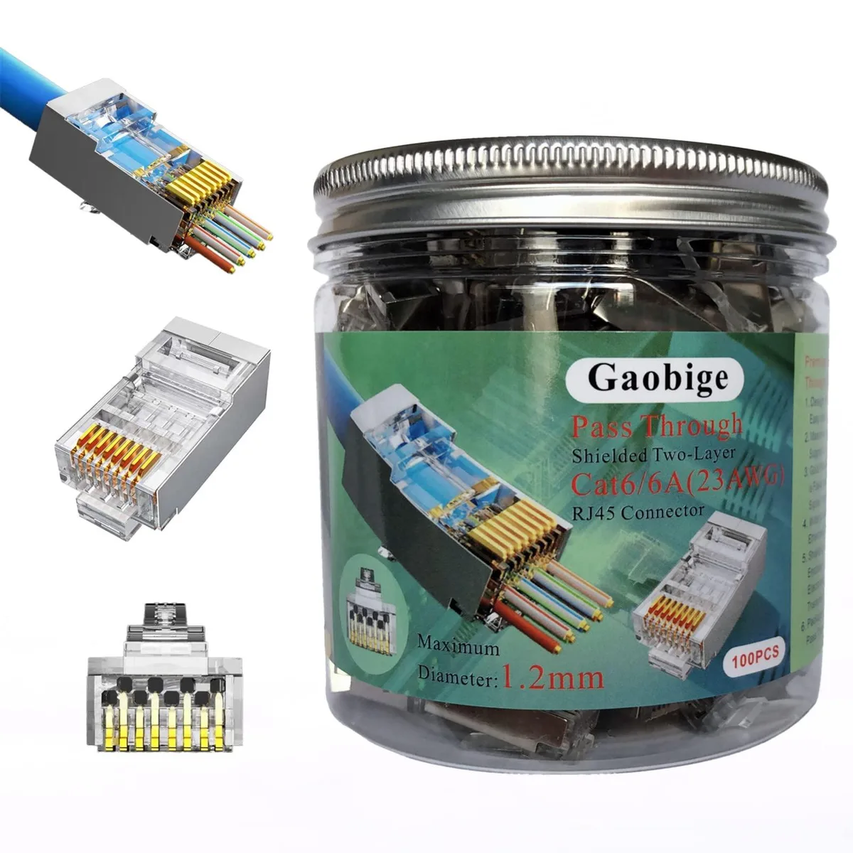 KEHIPI KEHIPI 100-Pack Cat6 Cat6A RJ45 Pass Through Connectors 1.2mm 23AWG Gold — product photo