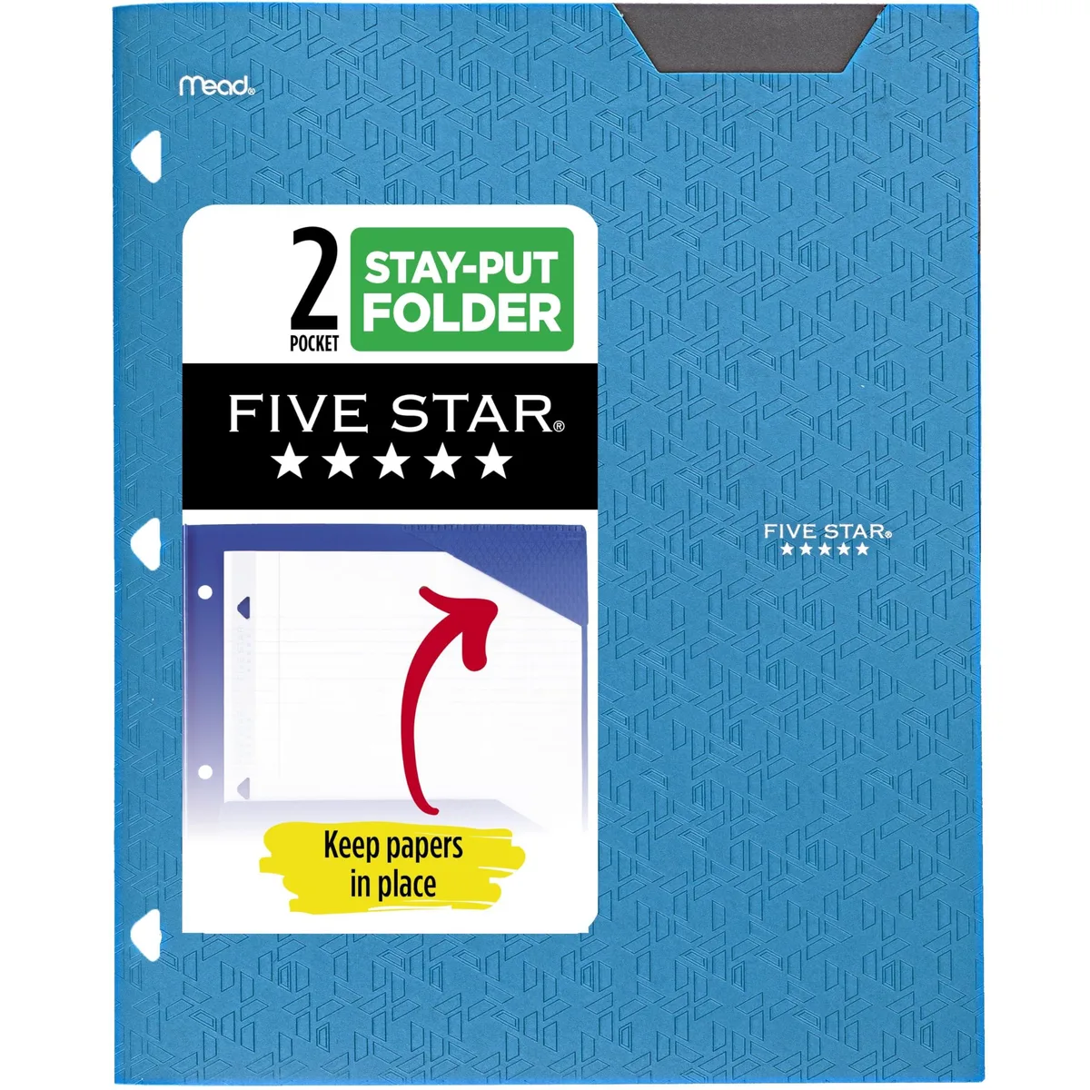 Blue plastic 2-pocket folder with stay-put tabs, 3-hole punched for binders
