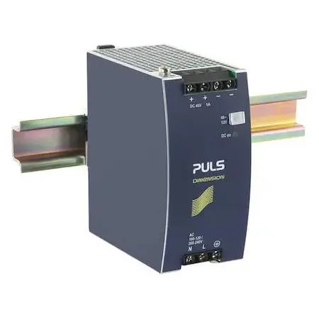Silver metal DIN-rail power supply, 124 by 60 by 117 mm, green LED indicator