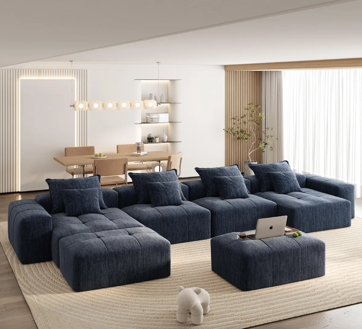 Blue modular sectional sofa with sparkling chenille fabric, tufted cushions and eight pillows