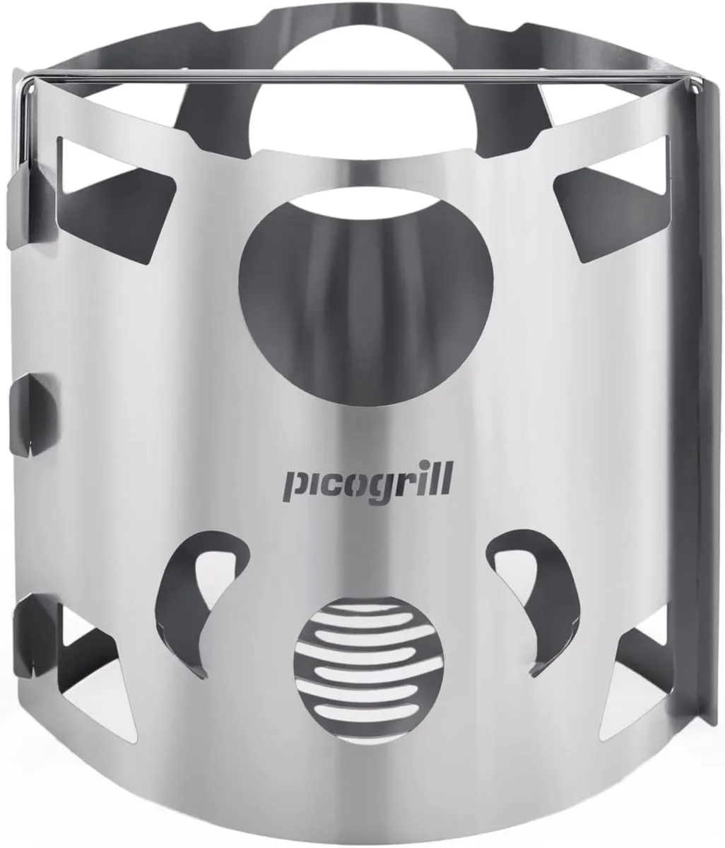 Flat-packed titanium wood stove with mesh sides and pot supports, 128 g total weight