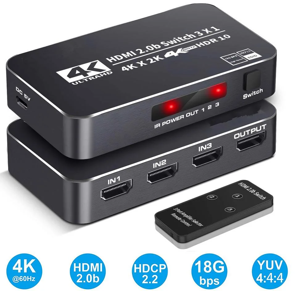 ESTONE ESTONE OZQ2-2 3-Port HDMI 2.0 Switcher Selector 3 in 1 Out with IR Remote Control 4K@60Hz — product photo
