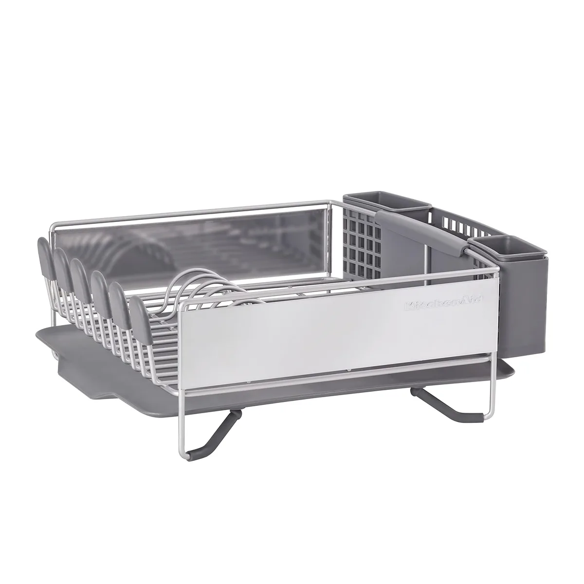 Compact gray stainless steel dish rack with removable flatware caddy and angled drainboard