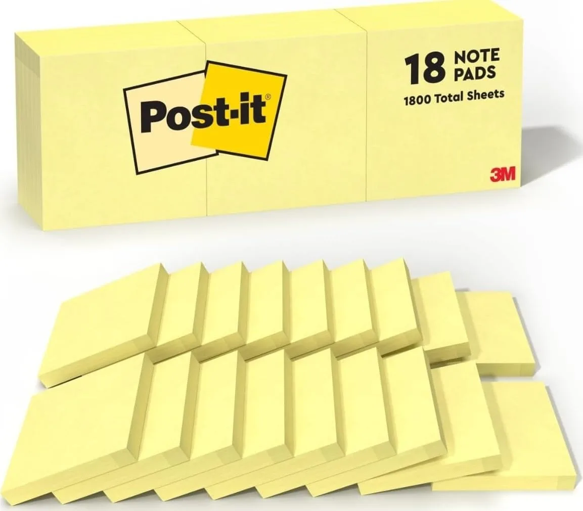 Eighteen square canary-yellow sticky-note pads in a rectangular pack